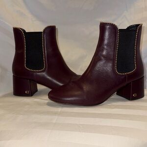 Coach Burgundy Leather Chelsea Booties with Gold Stud Trim
